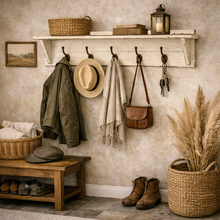 Heritage Distressed White Cloakroom Storage Shelf and Hooks