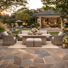 Miami Garden 3 Seater Sofa Dining Set with Rising Table, Armchairs and Stools