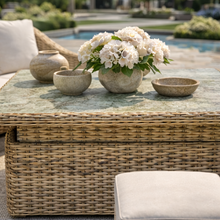 Miami Garden 3 Seater Sofa Dining Set with Rising Table, Armchairs and Stools
