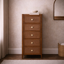 Lombok Walnut Rattan 5 Drawer Tall Chest