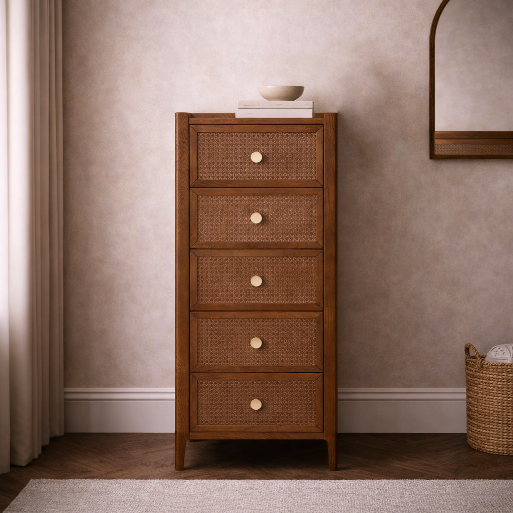 Lombok Walnut Rattan 5 Drawer Tall Chest – HomePlus Furniture