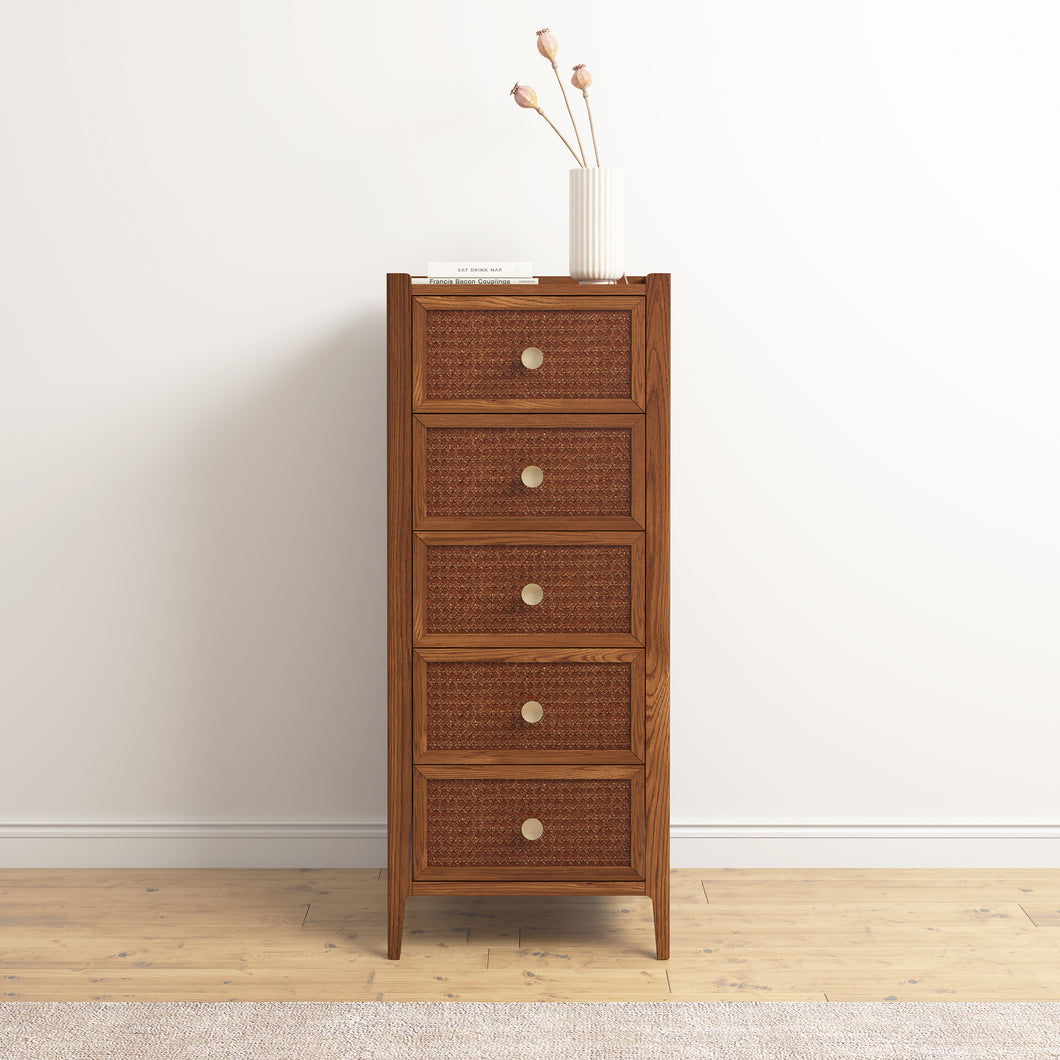 Lombok Walnut Rattan 5 Drawer Tall Chest