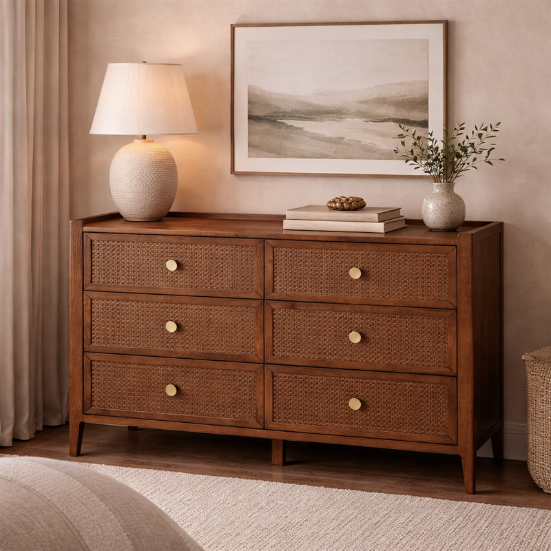 Lombok Walnut Rattan 6 Drawer Chest HomePlus Furniture Lombok Walnut Rattan 6 Drawer Chest HomePlus Furniture
