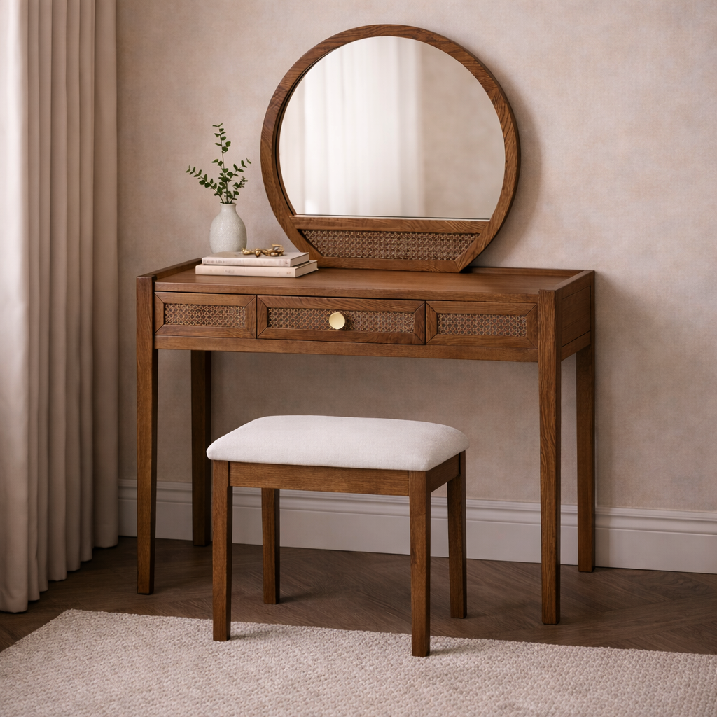 Compact Rattan Dressing Table Lombok Walnut Rattan Dressing Table, Mirror & Stool Set – HomePlus ...