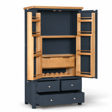 Cambridge Blue Painted Oak Larder Unit — open doors and drawers