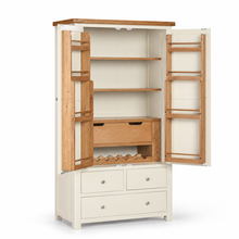 Cambridge Classic Cream Painted Oak Larder Unit — open doors showing shelves and storage