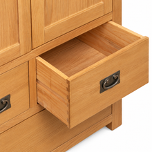 Cambridge Oak Larder Unit — open drawer with dovetail joints and bronze handle