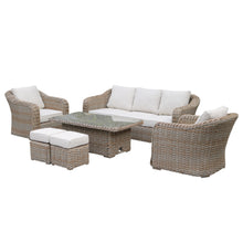 Miami Garden 3 Seater Sofa Dining Set with Rising Table, Armchairs and Stools