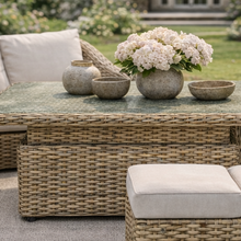 Miami Garden Grande Corner Sofa Dining Set with Rising Table, Armchairs and Stools