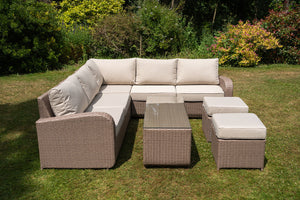 Cotswold Natural 8 Seater Rattan Garden Furniture Set, Modular Table, Corner Lounger and Garden Stools