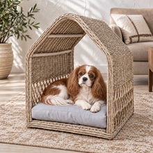 Grey Kubu Rattan Dog House Basket with Cushion