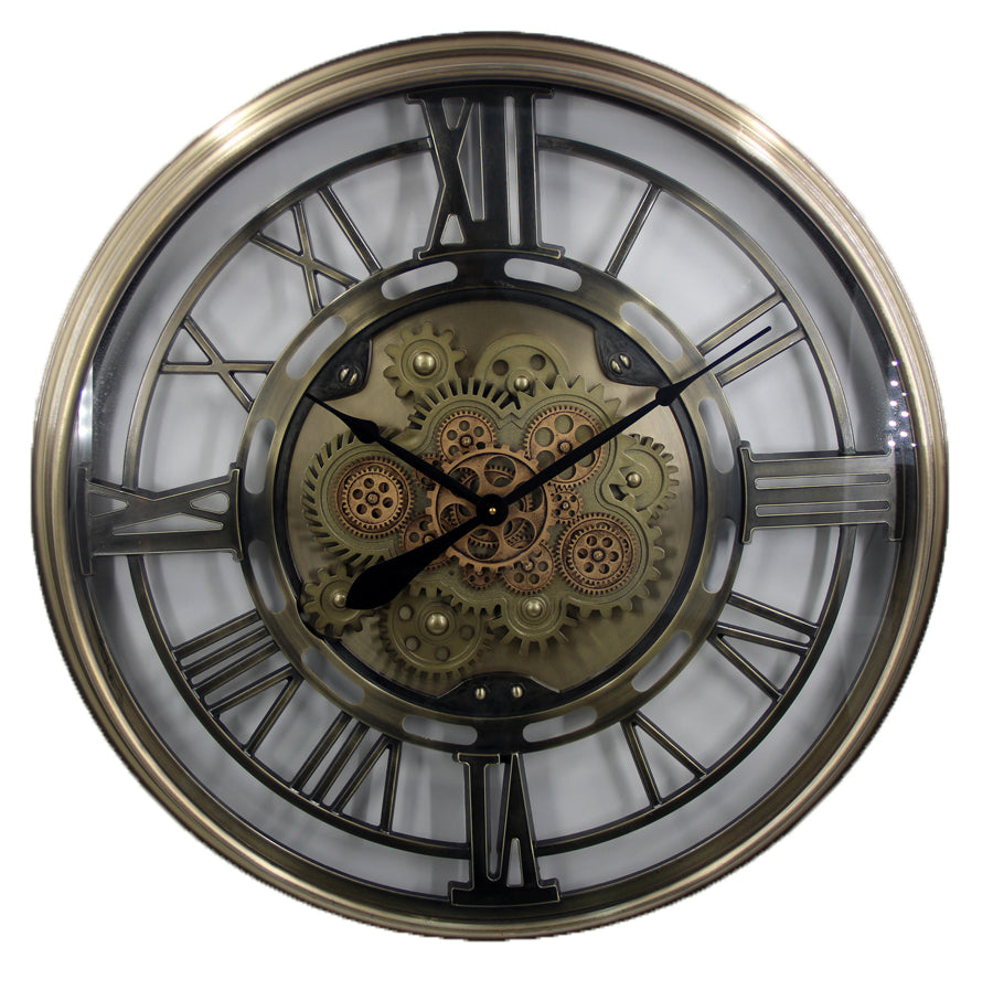 Gold Industrial Skeleton Cog Clock | Roman Numerals | 88 cm
