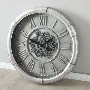 Round Roman Numbers Pewter Silver Style Cog Wall Clock | 74 cm